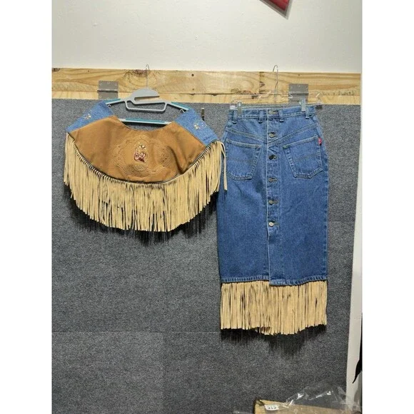 Vintage SapMan Western 80’s Denim Fringe Skirt Midi W/ Poncho Size 5/6 - Picture 7 of 13